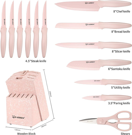 Knife Set, 15 Pieces Knives Sets for Kitchen with Block, Dishwasher Safe Kitchen Knife Set with Built in Sharpener Block, German High Carbon Stainless Steel Knife Block Set with Pink Nonstick Coating