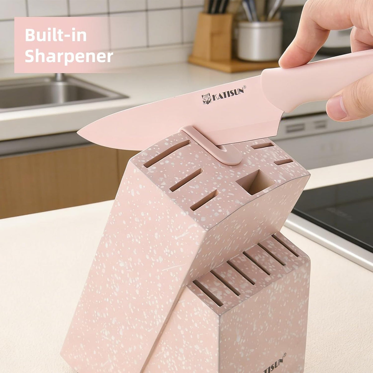 Knife Set, 15 Pieces Knives Sets for Kitchen with Block, Dishwasher Safe Kitchen Knife Set with Built in Sharpener Block, German High Carbon Stainless Steel Knife Block Set with Pink Nonstick Coating