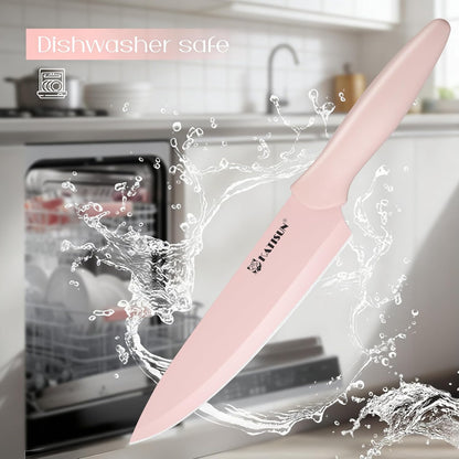 Knife Set, 15 Pieces Knives Sets for Kitchen with Block, Dishwasher Safe Kitchen Knife Set with Built in Sharpener Block, German High Carbon Stainless Steel Knife Block Set with Pink Nonstick Coating