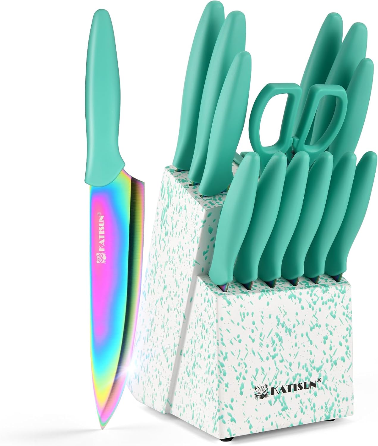 Knife Set, 15 Pieces Knives Sets for Kitchen with Block, Dishwasher Safe Kitchen Knife Set with Built in Sharpener Block, German High Carbon Stainless Steel Knife Block Set with Pink Nonstick Coating