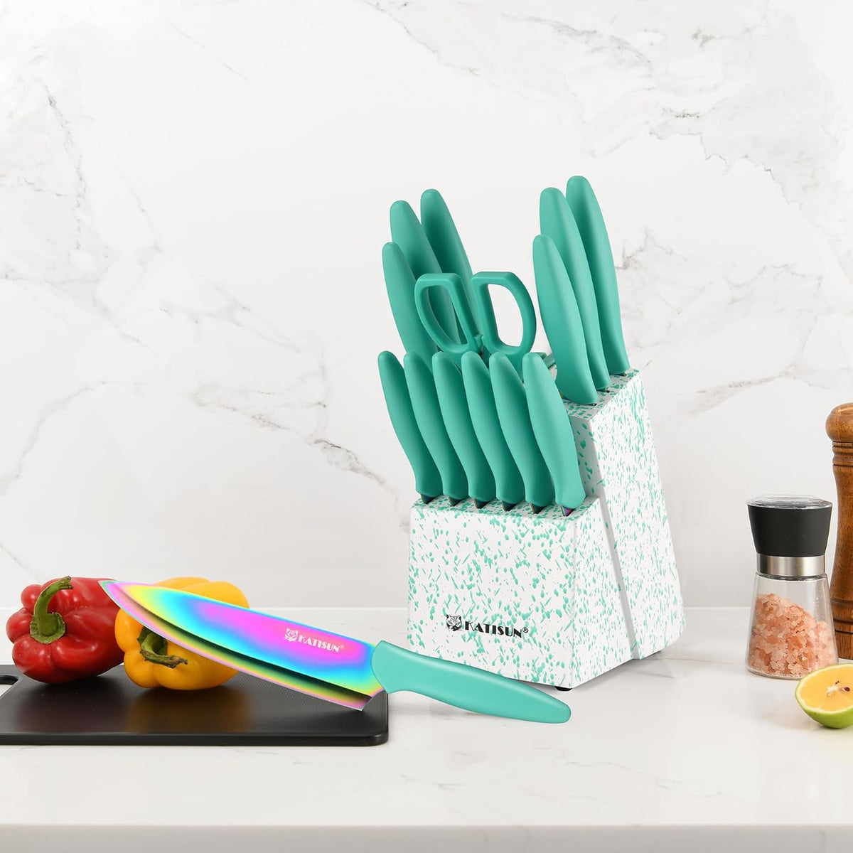 Knife Set, 15 Pieces Knives Sets for Kitchen with Block, Dishwasher Safe Kitchen Knife Set with Built in Sharpener Block, German High Carbon Stainless Steel Knife Block Set with Pink Nonstick Coating