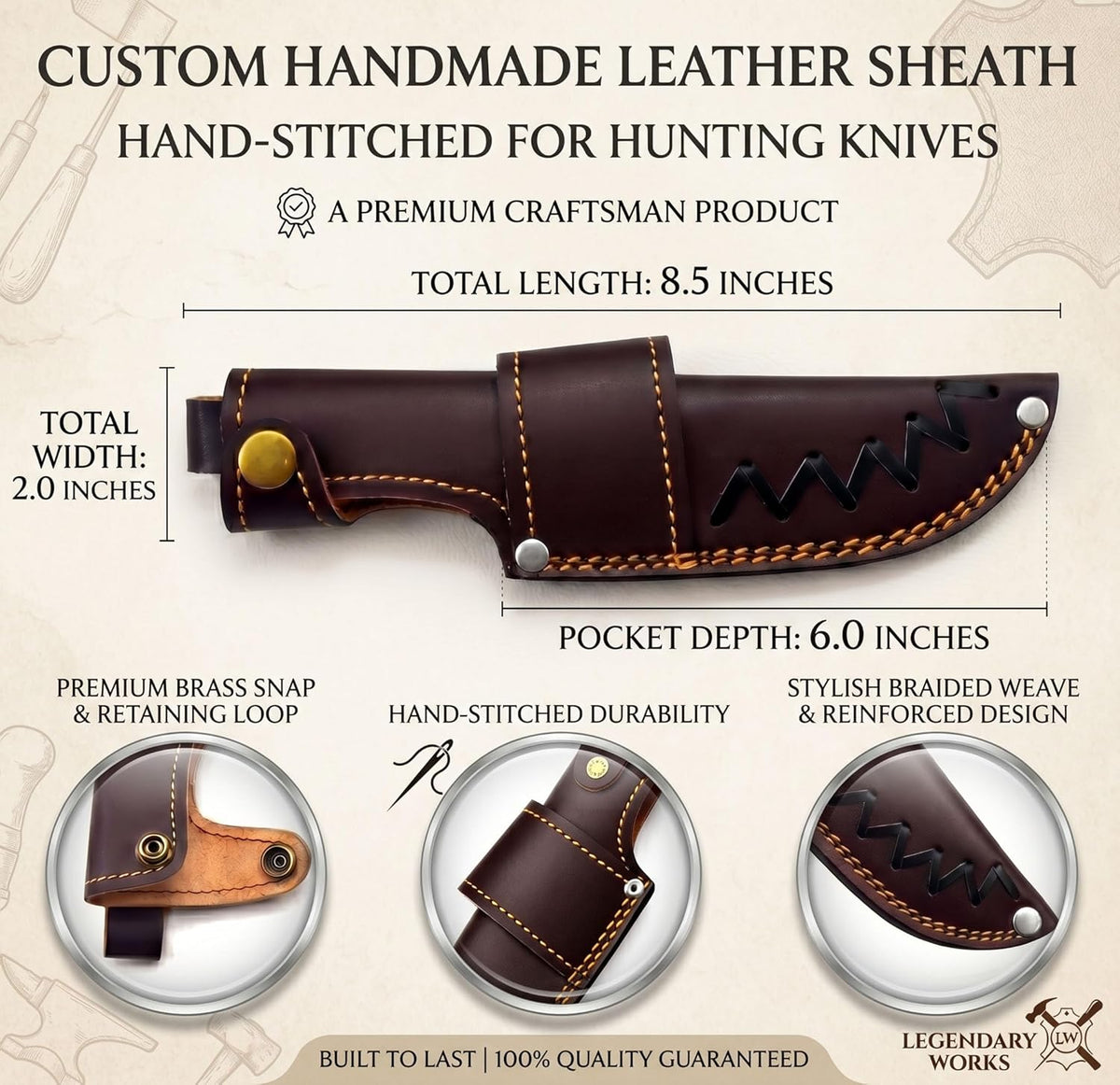 Custom Leather Sheath Tooled Leather Sheath/Hunting Knife Sheath Universal Knife Sheath, Sheath Fit up to 6.0" Blade 100% Real Laether (Dark Brown)