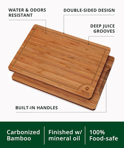 Wooden Cutting Boards for Kitchen Meal Prep & Serving - Non Toxic Bamboo Wood Cutting Board Set with Deep Juice Groove Side Handles - Charcuterie & Chopping Butcher Block for Meat