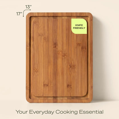 Wooden Cutting Boards for Kitchen Meal Prep & Serving - Non Toxic Bamboo Wood Cutting Board Set with Deep Juice Groove Side Handles - Charcuterie & Chopping Butcher Block for Meat