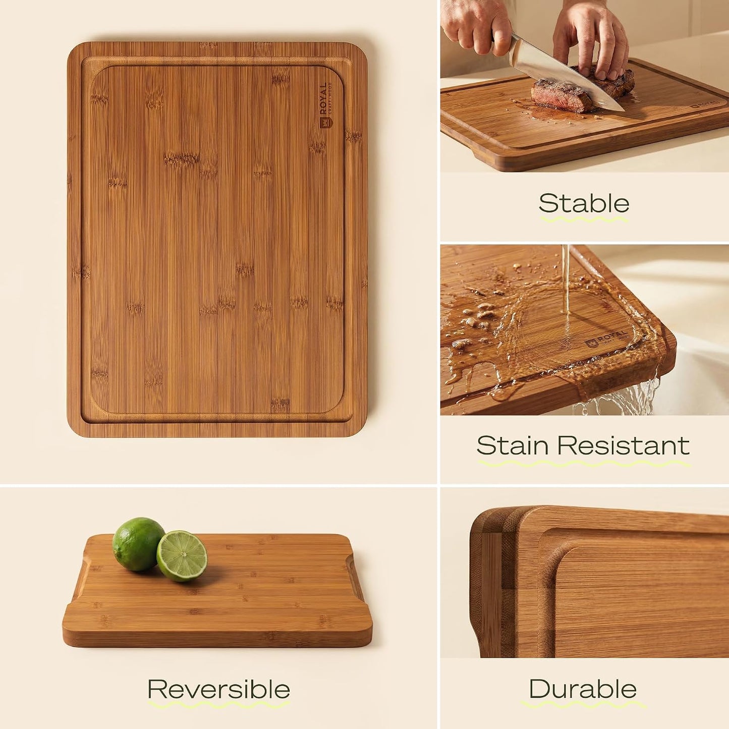 Wooden Cutting Boards for Kitchen Meal Prep & Serving - Non Toxic Bamboo Wood Cutting Board Set with Deep Juice Groove Side Handles - Charcuterie & Chopping Butcher Block for Meat