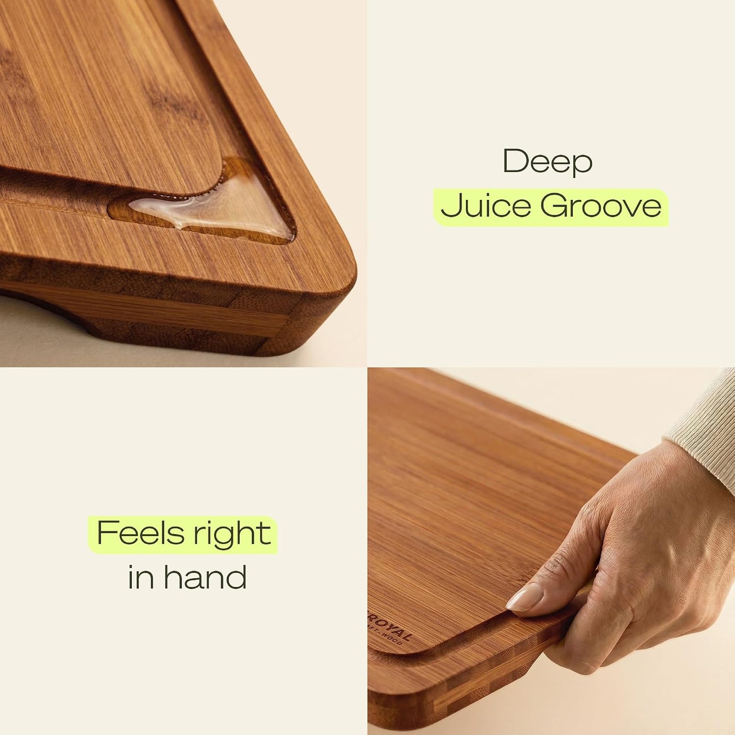 Wooden Cutting Boards for Kitchen Meal Prep & Serving - Non Toxic Bamboo Wood Cutting Board Set with Deep Juice Groove Side Handles - Charcuterie & Chopping Butcher Block for Meat
