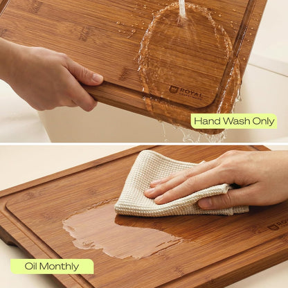 Wooden Cutting Boards for Kitchen Meal Prep & Serving - Non Toxic Bamboo Wood Cutting Board Set with Deep Juice Groove Side Handles - Charcuterie & Chopping Butcher Block for Meat
