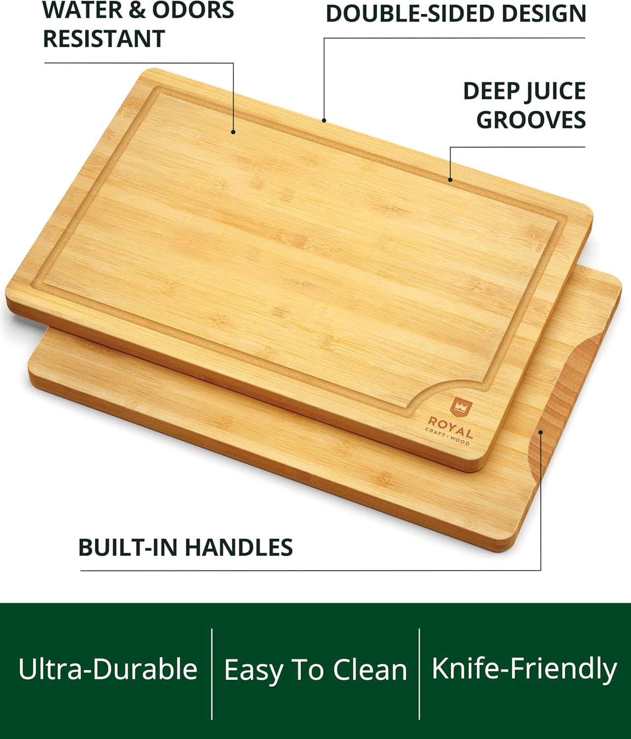 Wooden Cutting Boards for Kitchen Meal Prep & Serving - Non Toxic Bamboo Wood Cutting Board Set with Deep Juice Groove Side Handles - Charcuterie & Chopping Butcher Block for Meat
