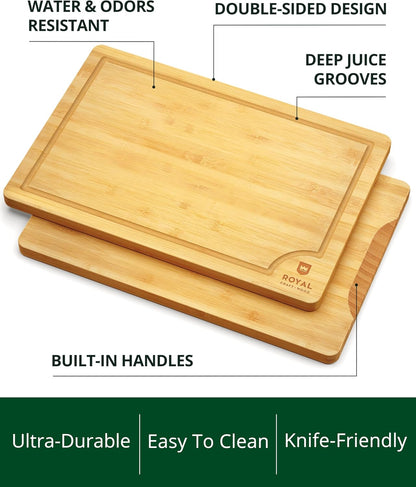 Wooden Cutting Boards for Kitchen Meal Prep & Serving - Non Toxic Bamboo Wood Cutting Board Set with Deep Juice Groove Side Handles - Charcuterie & Chopping Butcher Block for Meat