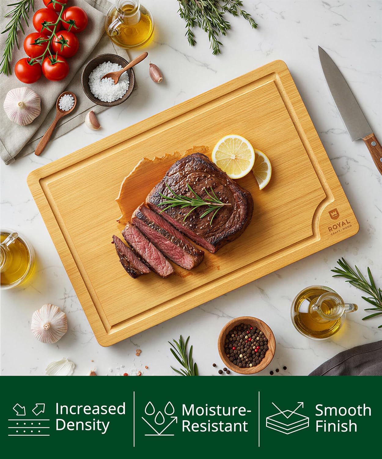 Wooden Cutting Boards for Kitchen Meal Prep & Serving - Non Toxic Bamboo Wood Cutting Board Set with Deep Juice Groove Side Handles - Charcuterie & Chopping Butcher Block for Meat