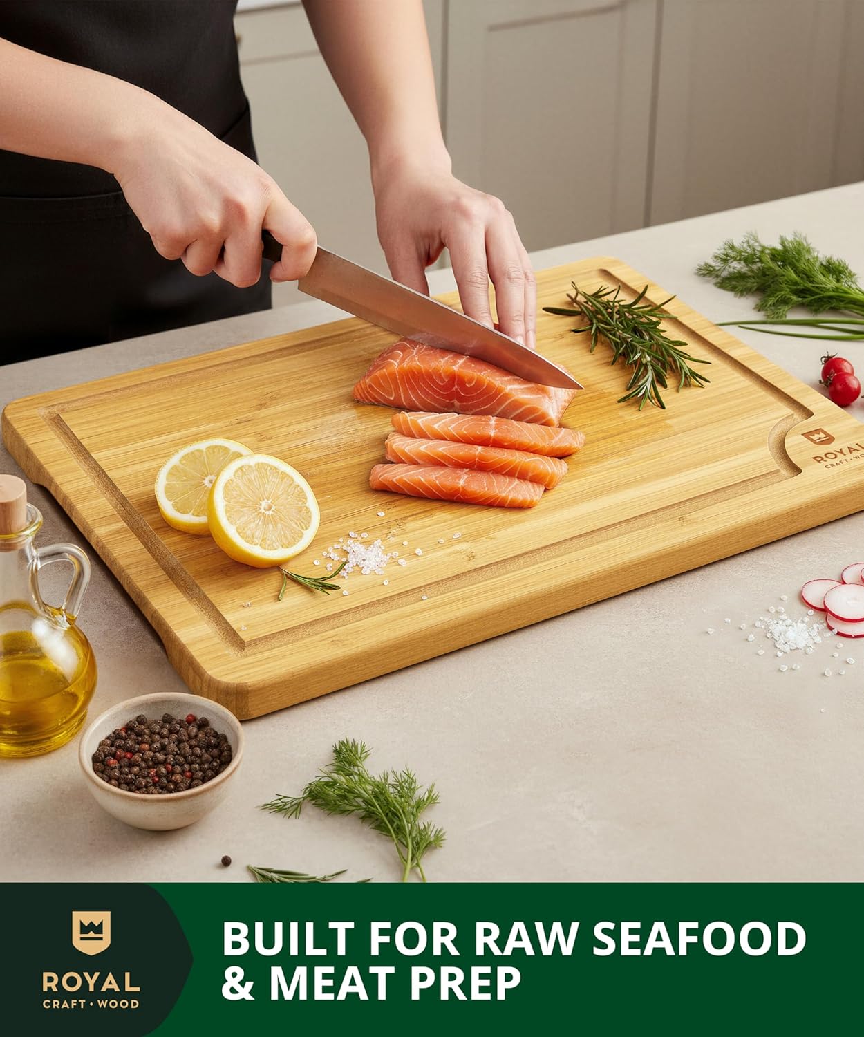 Wooden Cutting Boards for Kitchen Meal Prep & Serving - Non Toxic Bamboo Wood Cutting Board Set with Deep Juice Groove Side Handles - Charcuterie & Chopping Butcher Block for Meat