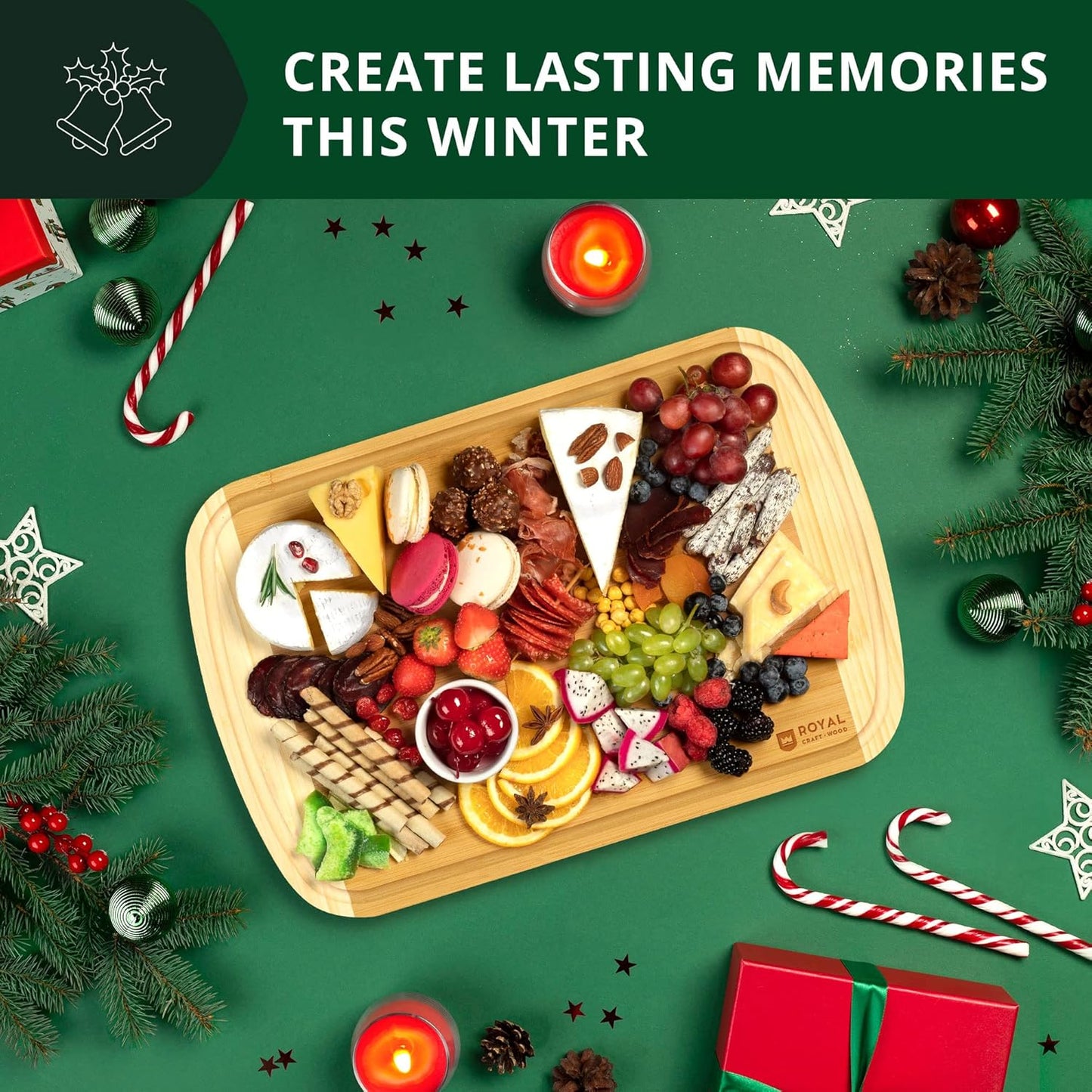 Wooden Cutting Boards for Kitchen Meal Prep & Serving - Non Toxic Bamboo Wood Cutting Board Set with Deep Juice Groove Side Handles - Charcuterie & Chopping Butcher Block for Meat