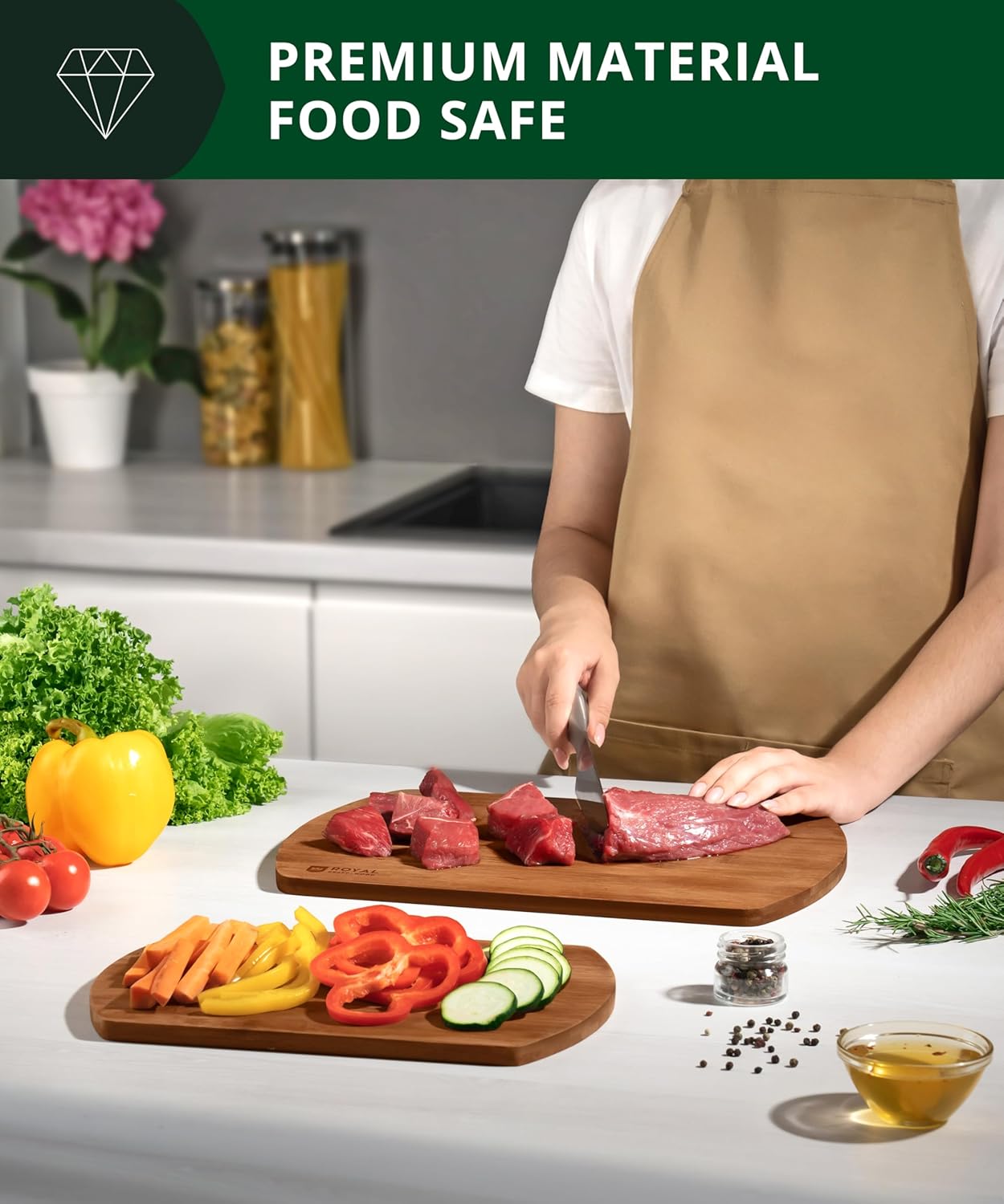 Wooden Cutting Boards for Kitchen Meal Prep & Serving - Non Toxic Bamboo Wood Cutting Board Set with Deep Juice Groove Side Handles - Charcuterie & Chopping Butcher Block for Meat