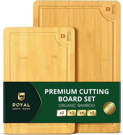 Wooden Cutting Boards for Kitchen Meal Prep & Serving - Non Toxic Bamboo Wood Cutting Board Set with Deep Juice Groove Side Handles - Charcuterie & Chopping Butcher Block for Meat