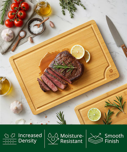 Wooden Cutting Boards for Kitchen Meal Prep & Serving - Non Toxic Bamboo Wood Cutting Board Set with Deep Juice Groove Side Handles - Charcuterie & Chopping Butcher Block for Meat