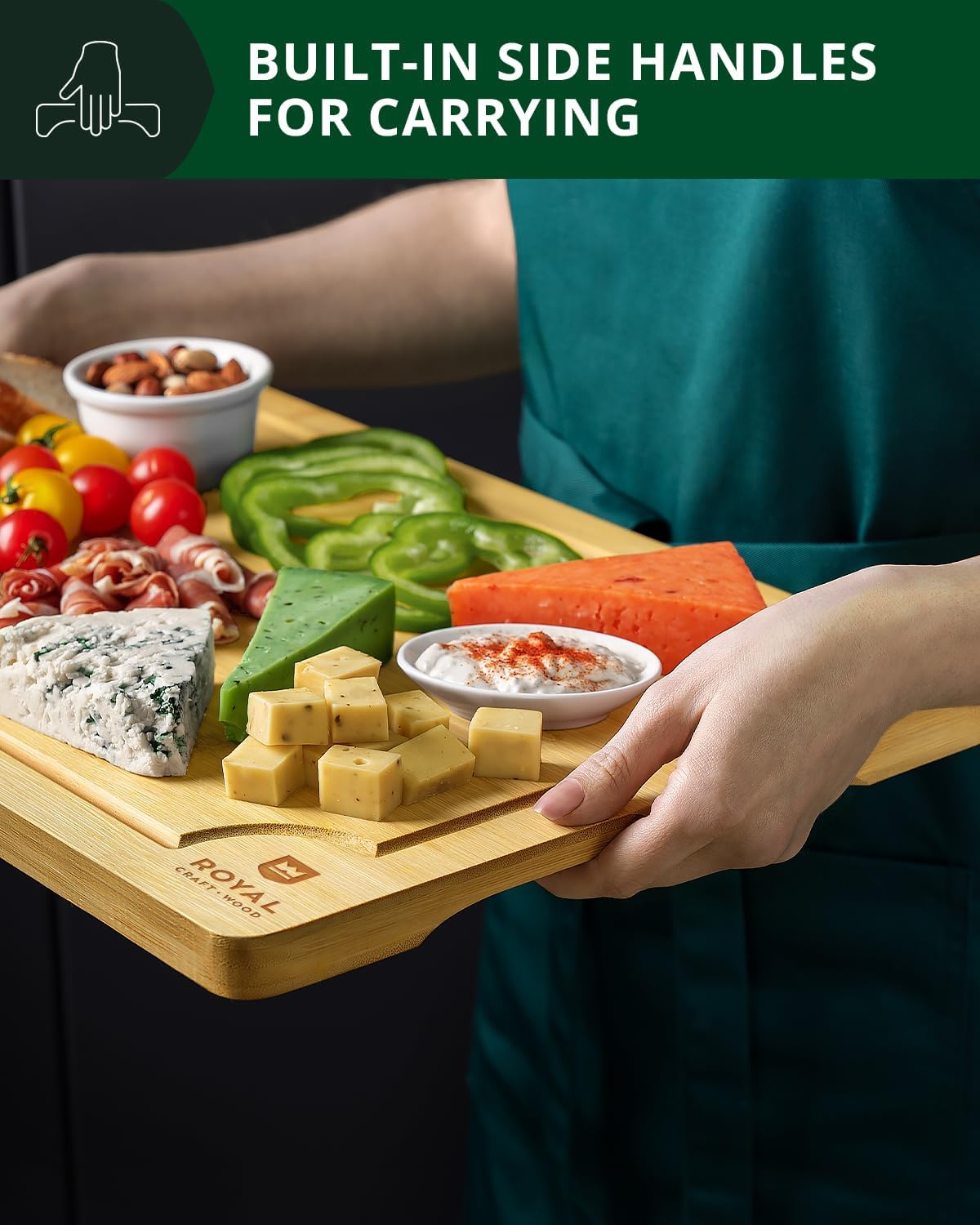 Wooden Cutting Boards for Kitchen Meal Prep & Serving - Non Toxic Bamboo Wood Cutting Board Set with Deep Juice Groove Side Handles - Charcuterie & Chopping Butcher Block for Meat