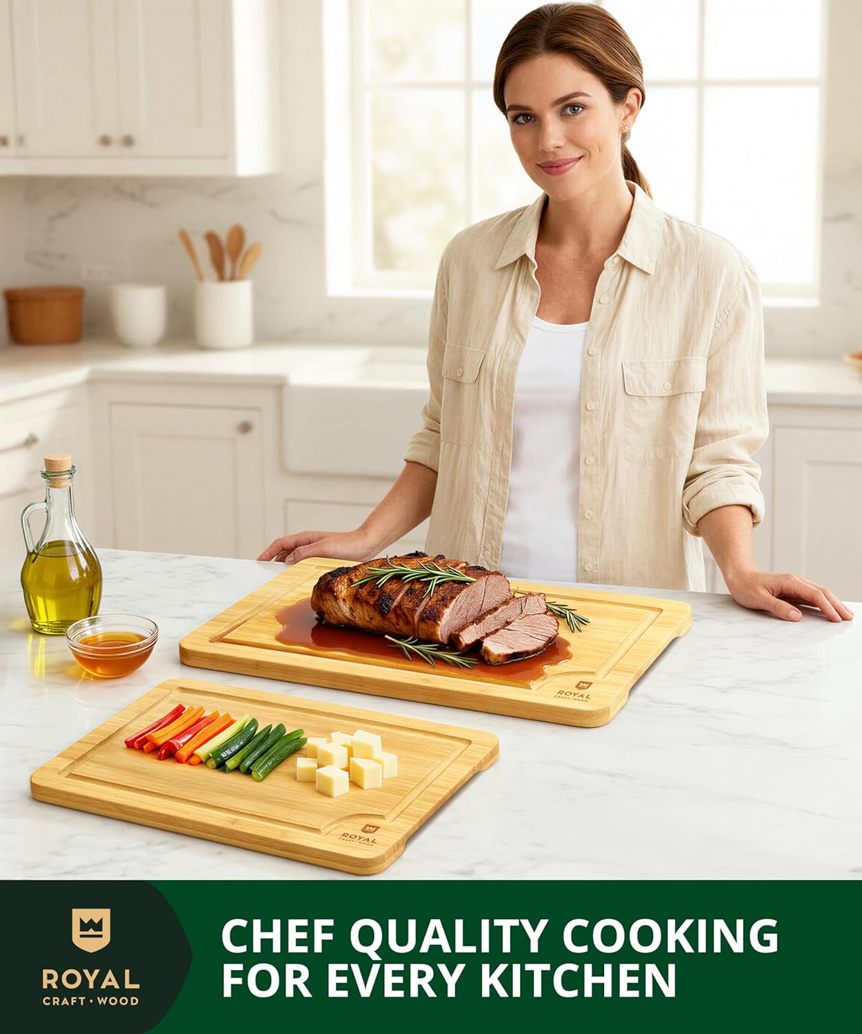 Wooden Cutting Boards for Kitchen Meal Prep & Serving - Non Toxic Bamboo Wood Cutting Board Set with Deep Juice Groove Side Handles - Charcuterie & Chopping Butcher Block for Meat