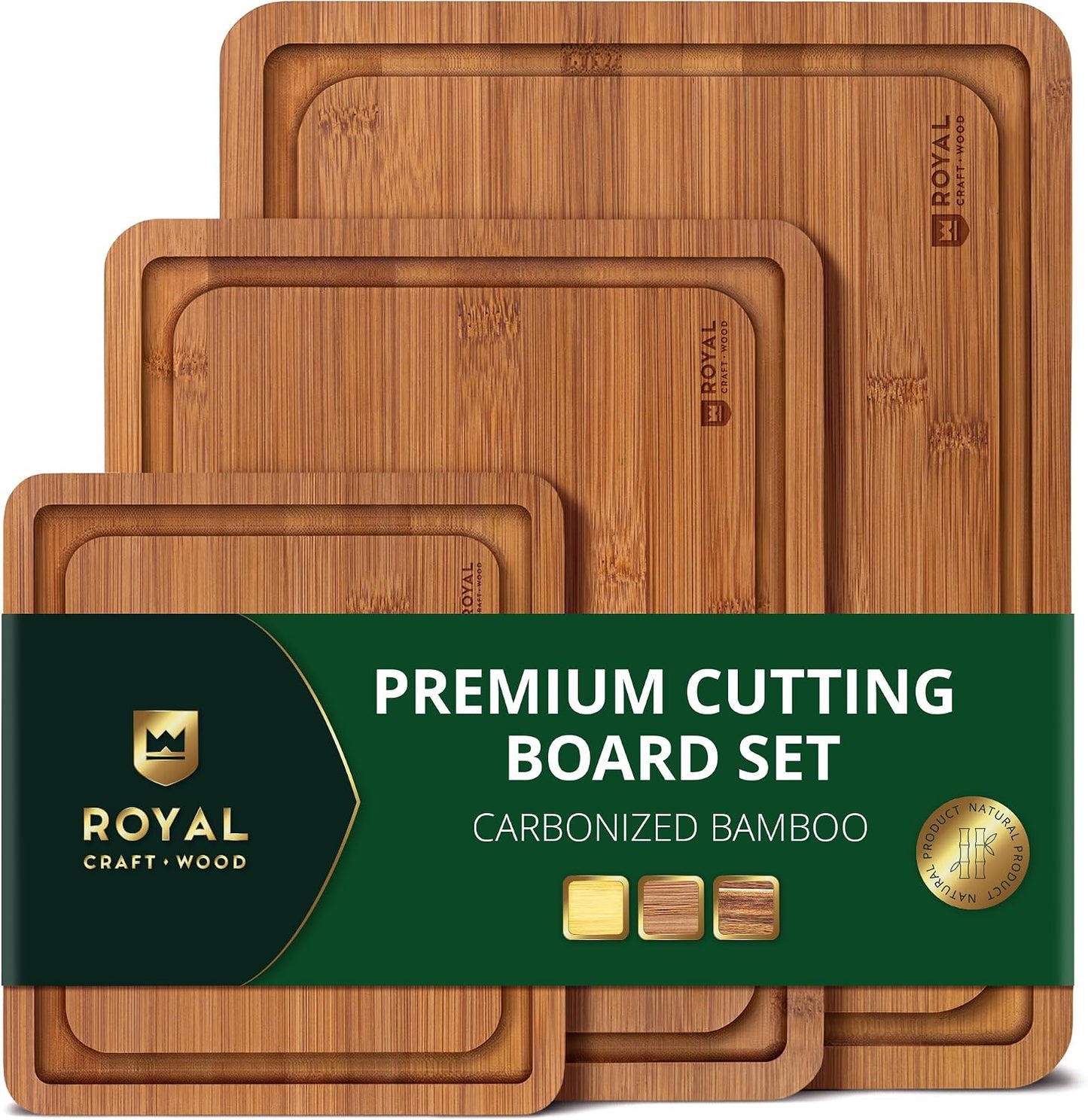 Wooden Cutting Boards for Kitchen Meal Prep & Serving - Non Toxic Bamboo Wood Cutting Board Set with Deep Juice Groove Side Handles - Charcuterie & Chopping Butcher Block for Meat
