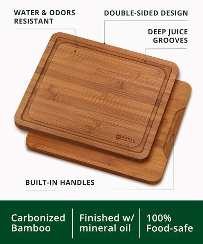 Wooden Cutting Boards for Kitchen Meal Prep & Serving - Non Toxic Bamboo Wood Cutting Board Set with Deep Juice Groove Side Handles - Charcuterie & Chopping Butcher Block for Meat