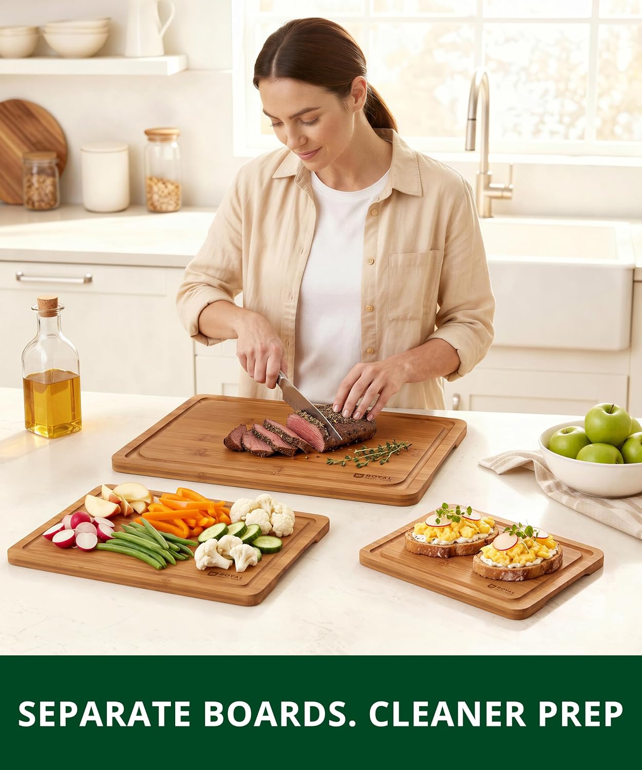 Wooden Cutting Boards for Kitchen Meal Prep & Serving - Non Toxic Bamboo Wood Cutting Board Set with Deep Juice Groove Side Handles - Charcuterie & Chopping Butcher Block for Meat