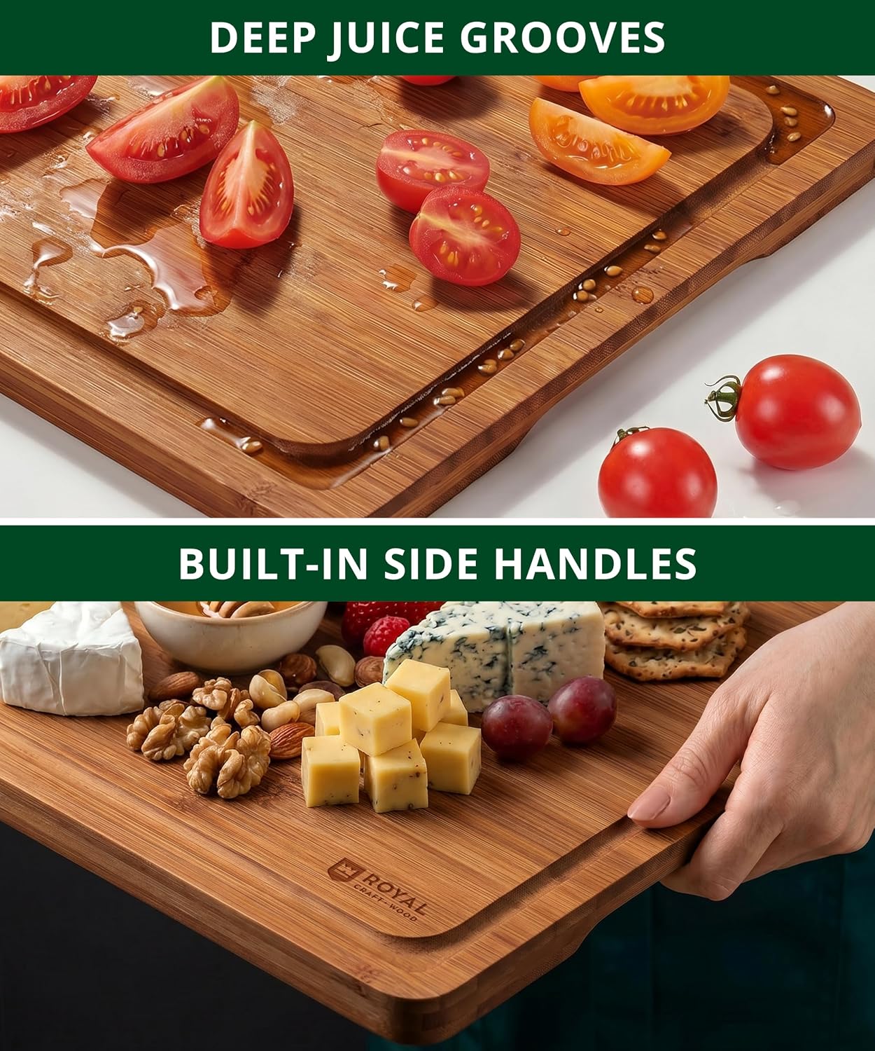 Wooden Cutting Boards for Kitchen Meal Prep & Serving - Non Toxic Bamboo Wood Cutting Board Set with Deep Juice Groove Side Handles - Charcuterie & Chopping Butcher Block for Meat