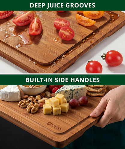 Wooden Cutting Boards for Kitchen Meal Prep & Serving - Non Toxic Bamboo Wood Cutting Board Set with Deep Juice Groove Side Handles - Charcuterie & Chopping Butcher Block for Meat