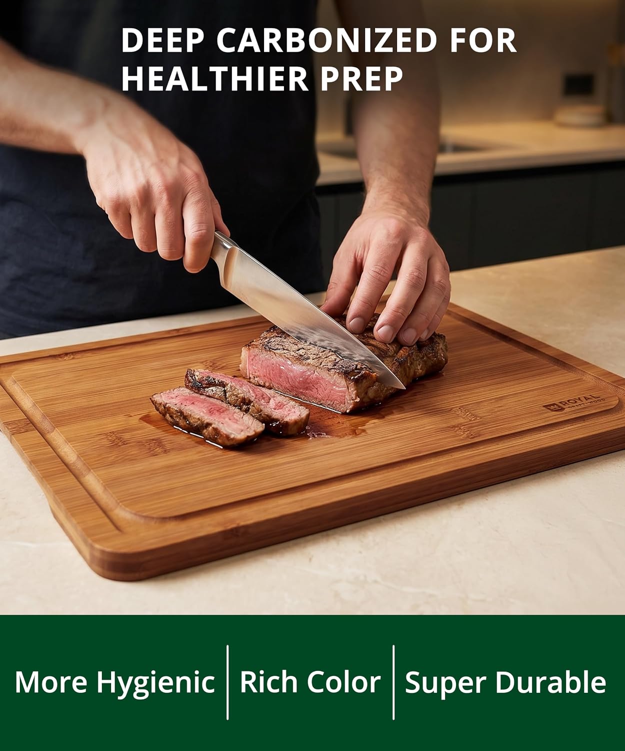 Wooden Cutting Boards for Kitchen Meal Prep & Serving - Non Toxic Bamboo Wood Cutting Board Set with Deep Juice Groove Side Handles - Charcuterie & Chopping Butcher Block for Meat