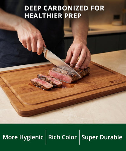 Wooden Cutting Boards for Kitchen Meal Prep & Serving - Non Toxic Bamboo Wood Cutting Board Set with Deep Juice Groove Side Handles - Charcuterie & Chopping Butcher Block for Meat