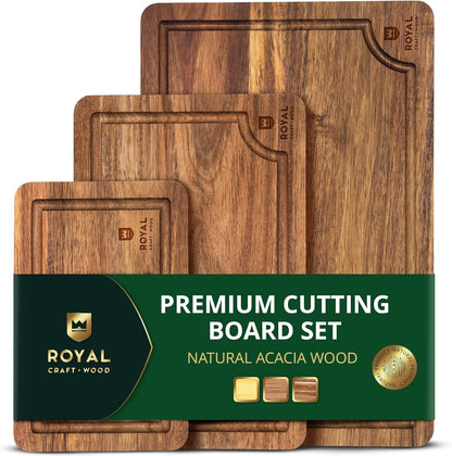 Wooden Cutting Boards for Kitchen Meal Prep & Serving - Non Toxic Bamboo Wood Cutting Board Set with Deep Juice Groove Side Handles - Charcuterie & Chopping Butcher Block for Meat