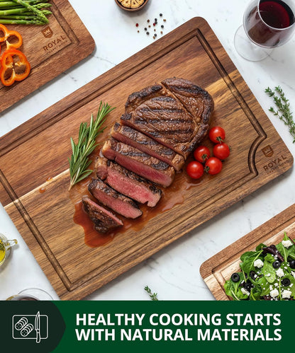 Wooden Cutting Boards for Kitchen Meal Prep & Serving - Non Toxic Bamboo Wood Cutting Board Set with Deep Juice Groove Side Handles - Charcuterie & Chopping Butcher Block for Meat