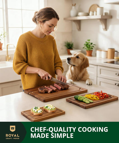 Wooden Cutting Boards for Kitchen Meal Prep & Serving - Non Toxic Bamboo Wood Cutting Board Set with Deep Juice Groove Side Handles - Charcuterie & Chopping Butcher Block for Meat