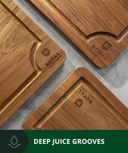 Wooden Cutting Boards for Kitchen Meal Prep & Serving - Non Toxic Bamboo Wood Cutting Board Set with Deep Juice Groove Side Handles - Charcuterie & Chopping Butcher Block for Meat
