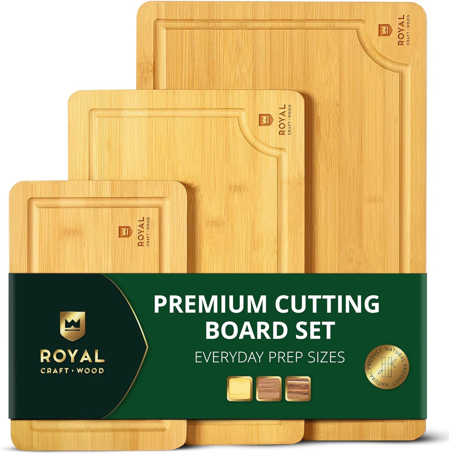 Wooden Cutting Boards for Kitchen Meal Prep & Serving - Non Toxic Bamboo Wood Cutting Board Set with Deep Juice Groove Side Handles - Charcuterie & Chopping Butcher Block for Meat