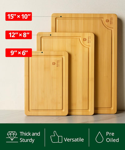 Wooden Cutting Boards for Kitchen Meal Prep & Serving - Non Toxic Bamboo Wood Cutting Board Set with Deep Juice Groove Side Handles - Charcuterie & Chopping Butcher Block for Meat