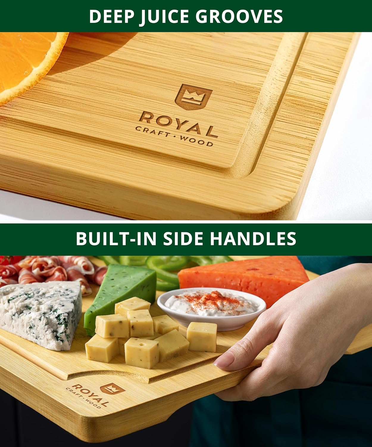 Wooden Cutting Boards for Kitchen Meal Prep & Serving - Non Toxic Bamboo Wood Cutting Board Set with Deep Juice Groove Side Handles - Charcuterie & Chopping Butcher Block for Meat