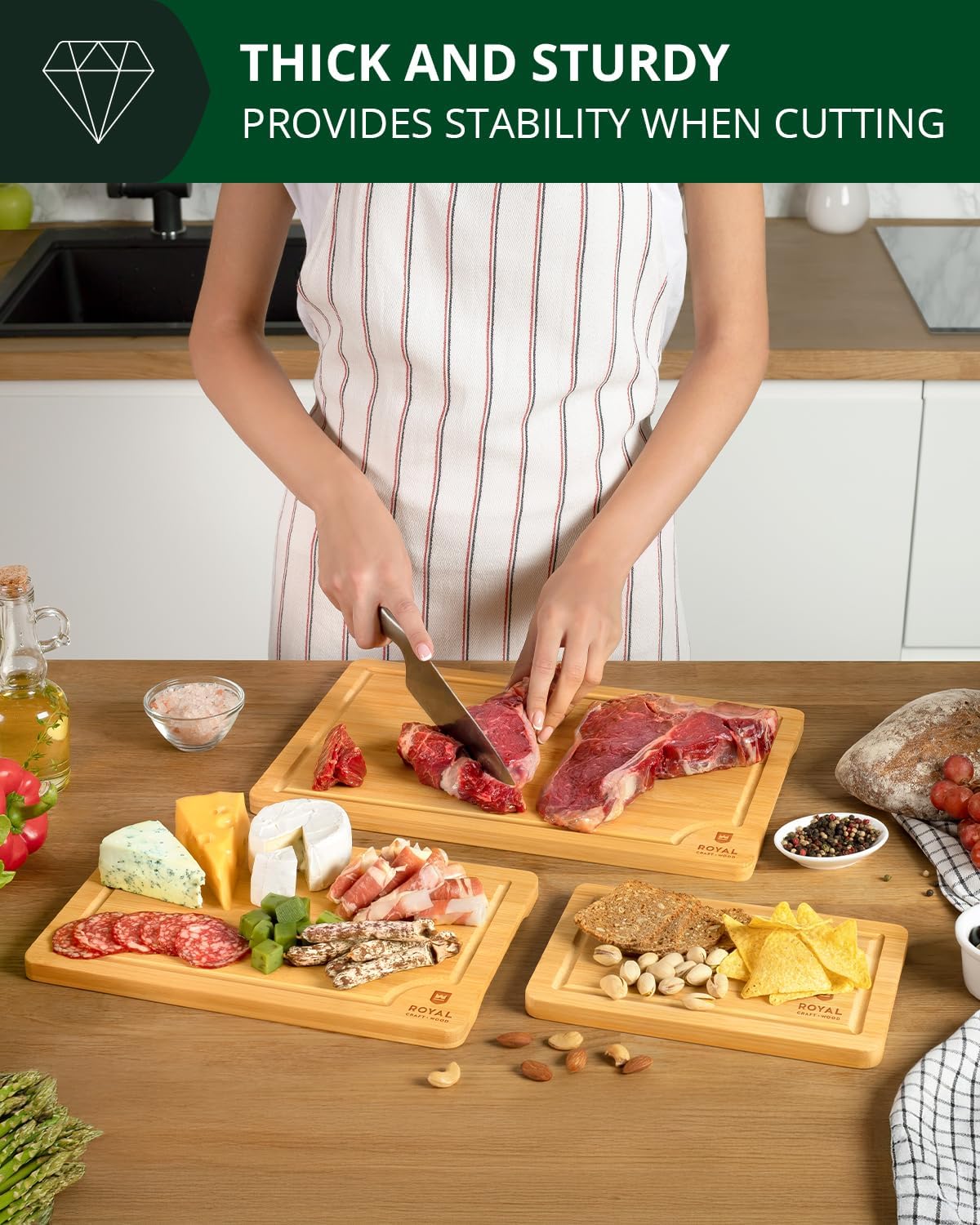 Wooden Cutting Boards for Kitchen Meal Prep & Serving - Non Toxic Bamboo Wood Cutting Board Set with Deep Juice Groove Side Handles - Charcuterie & Chopping Butcher Block for Meat