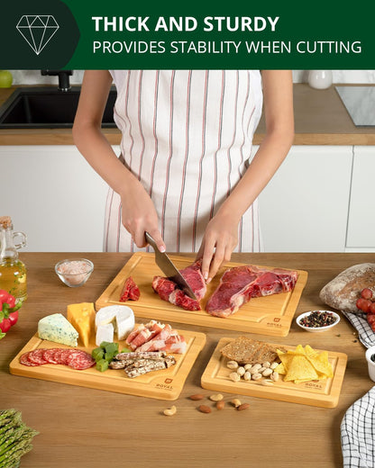 Wooden Cutting Boards for Kitchen Meal Prep & Serving - Non Toxic Bamboo Wood Cutting Board Set with Deep Juice Groove Side Handles - Charcuterie & Chopping Butcher Block for Meat