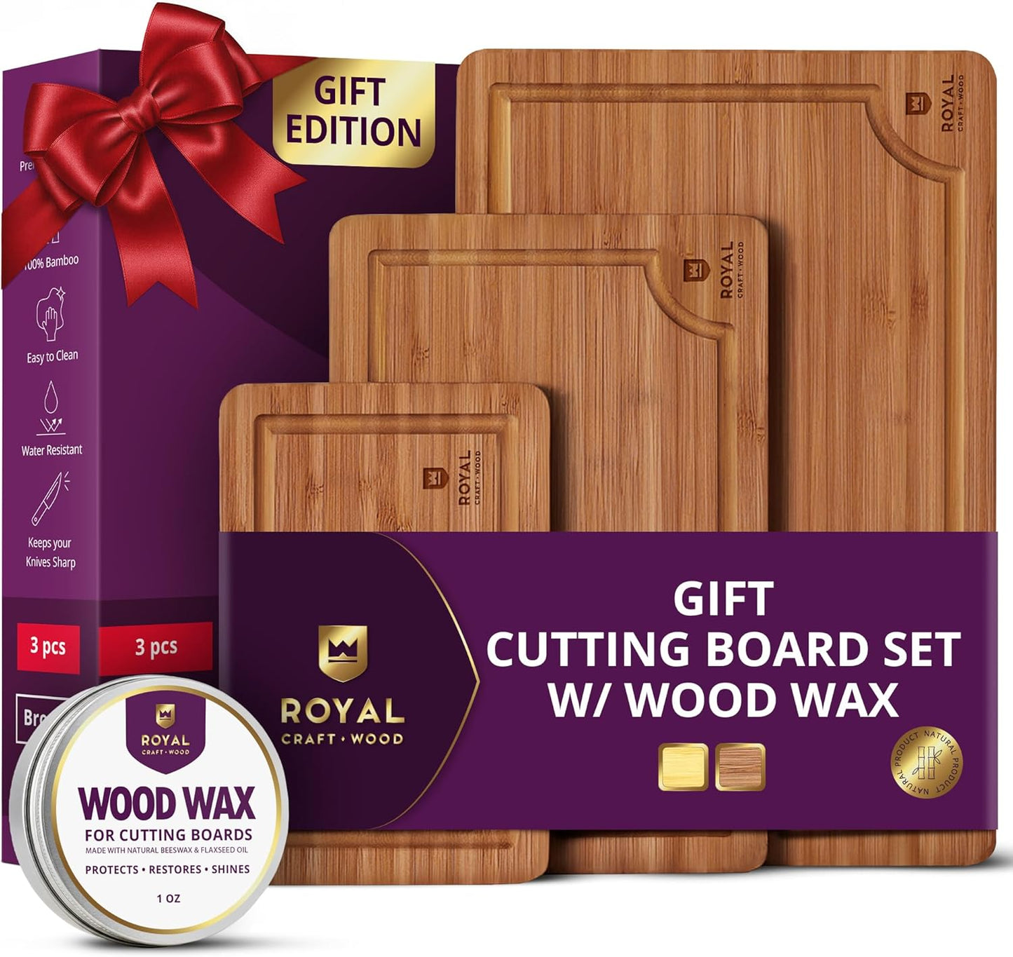 Wooden Cutting Boards for Kitchen Meal Prep & Serving - Non Toxic Bamboo Wood Cutting Board Set with Deep Juice Groove Side Handles - Charcuterie & Chopping Butcher Block for Meat