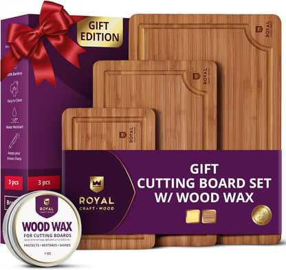 Wooden Cutting Boards for Kitchen Meal Prep & Serving - Non Toxic Bamboo Wood Cutting Board Set with Deep Juice Groove Side Handles - Charcuterie & Chopping Butcher Block for Meat