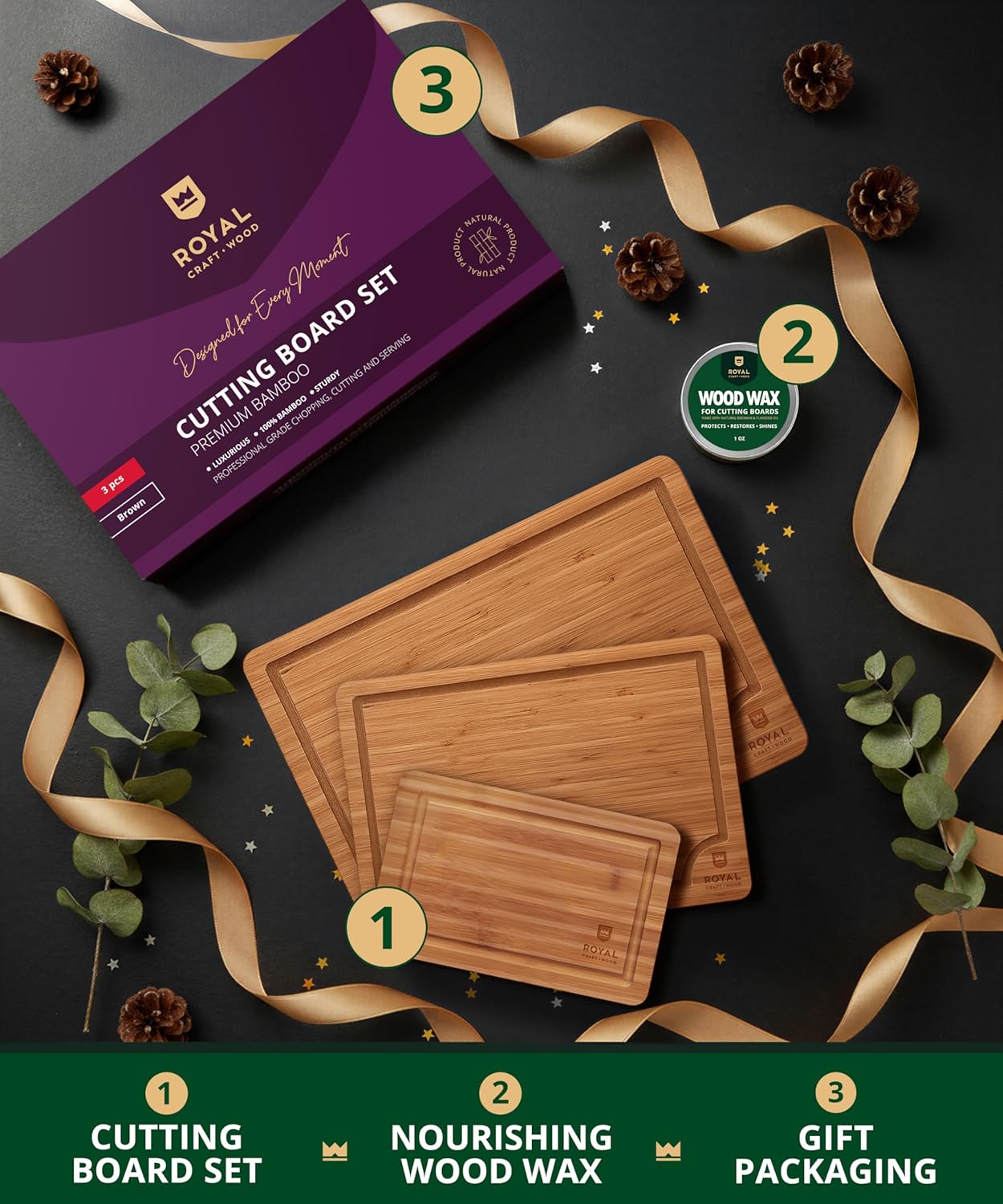 Wooden Cutting Boards for Kitchen Meal Prep & Serving - Non Toxic Bamboo Wood Cutting Board Set with Deep Juice Groove Side Handles - Charcuterie & Chopping Butcher Block for Meat