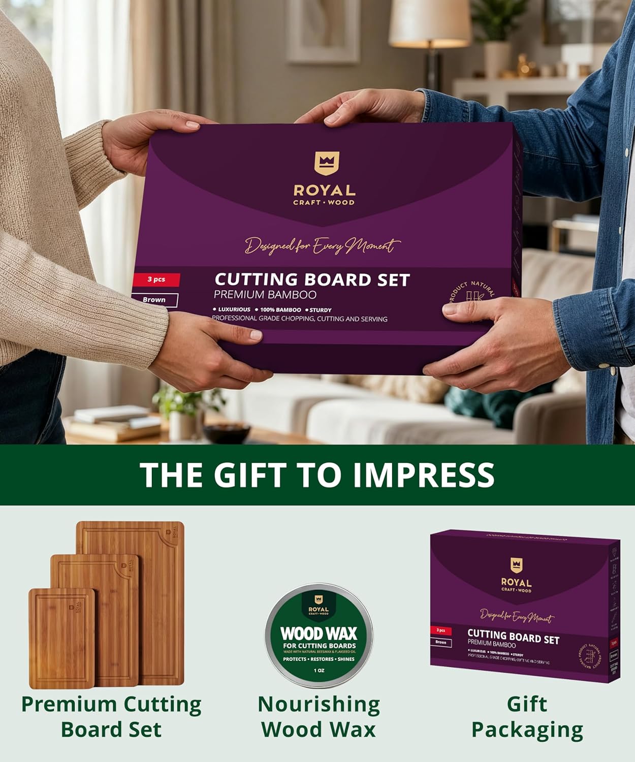 Wooden Cutting Boards for Kitchen Meal Prep & Serving - Non Toxic Bamboo Wood Cutting Board Set with Deep Juice Groove Side Handles - Charcuterie & Chopping Butcher Block for Meat