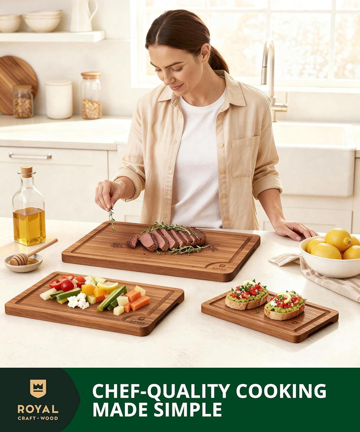 Wooden Cutting Boards for Kitchen Meal Prep & Serving - Non Toxic Bamboo Wood Cutting Board Set with Deep Juice Groove Side Handles - Charcuterie & Chopping Butcher Block for Meat