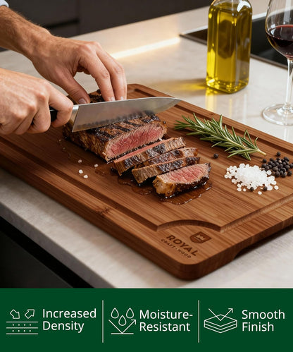 Wooden Cutting Boards for Kitchen Meal Prep & Serving - Non Toxic Bamboo Wood Cutting Board Set with Deep Juice Groove Side Handles - Charcuterie & Chopping Butcher Block for Meat