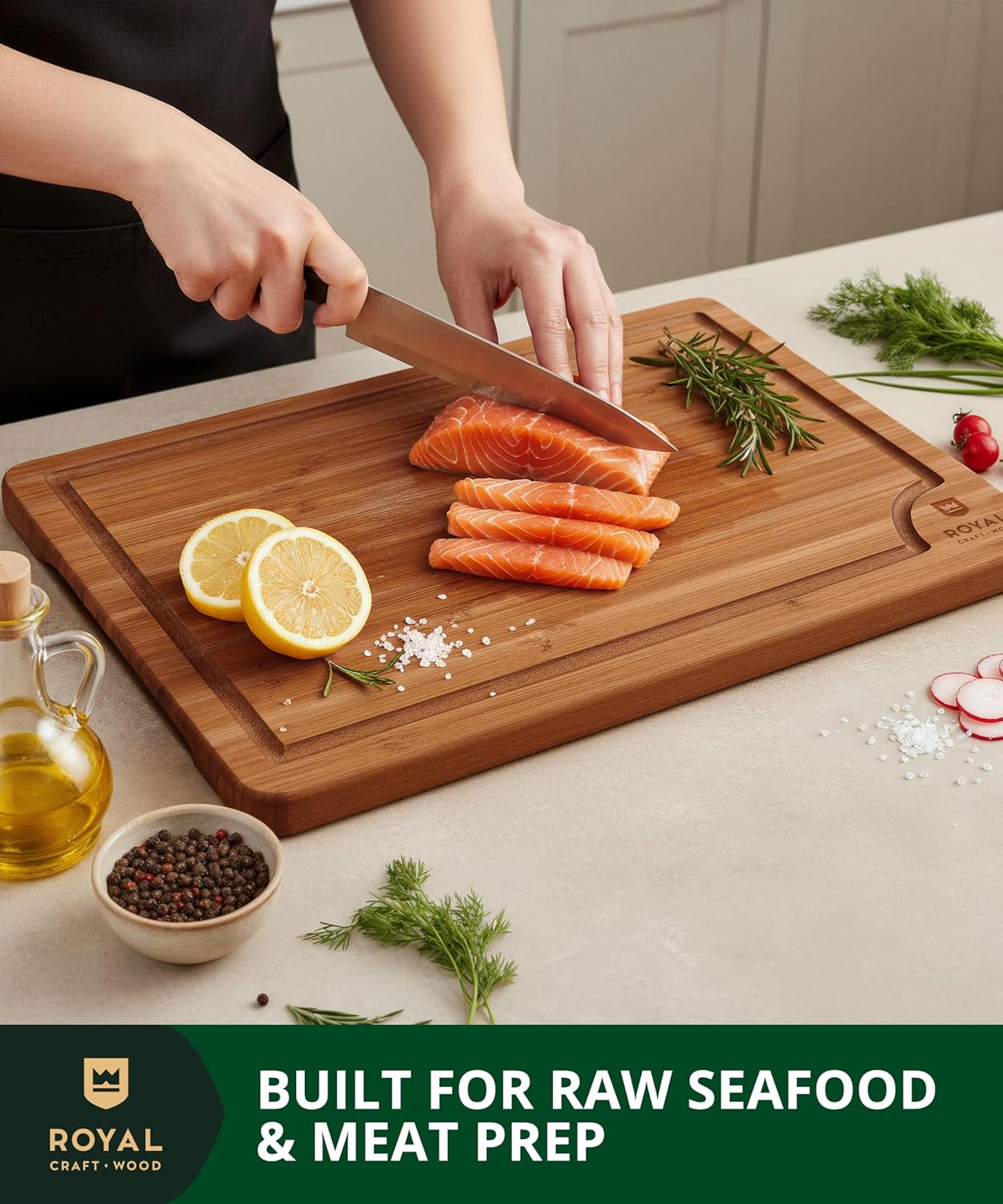 Wooden Cutting Boards for Kitchen Meal Prep & Serving - Non Toxic Bamboo Wood Cutting Board Set with Deep Juice Groove Side Handles - Charcuterie & Chopping Butcher Block for Meat