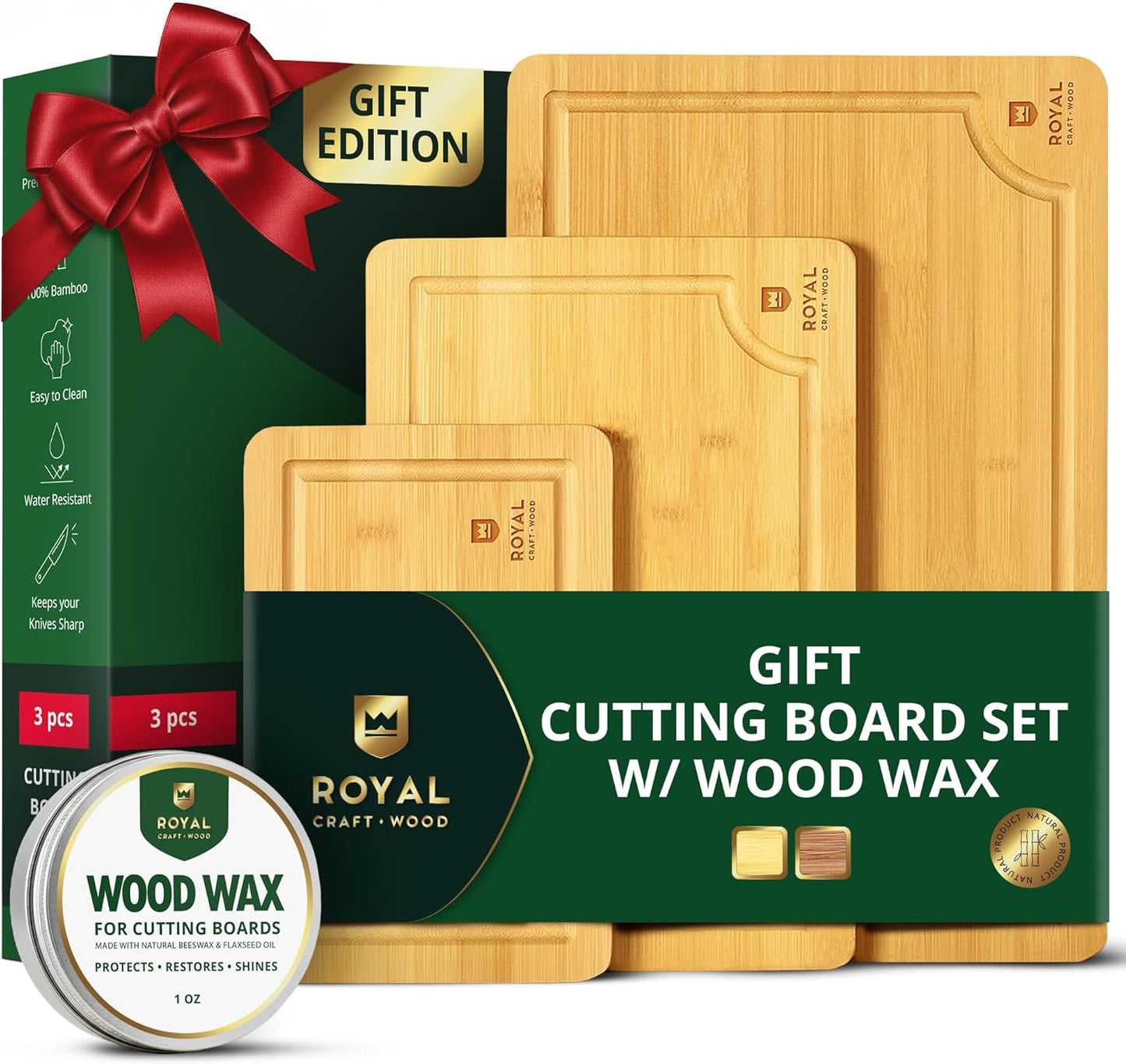 Wooden Cutting Boards for Kitchen Meal Prep & Serving - Non Toxic Bamboo Wood Cutting Board Set with Deep Juice Groove Side Handles - Charcuterie & Chopping Butcher Block for Meat