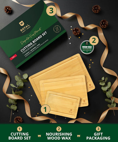Wooden Cutting Boards for Kitchen Meal Prep & Serving - Non Toxic Bamboo Wood Cutting Board Set with Deep Juice Groove Side Handles - Charcuterie & Chopping Butcher Block for Meat