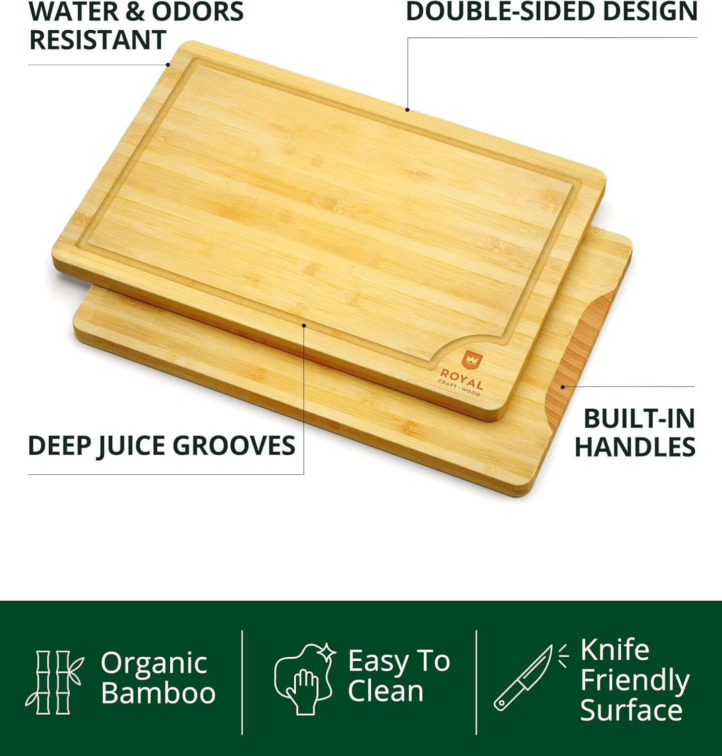 Wooden Cutting Boards for Kitchen Meal Prep & Serving - Non Toxic Bamboo Wood Cutting Board Set with Deep Juice Groove Side Handles - Charcuterie & Chopping Butcher Block for Meat