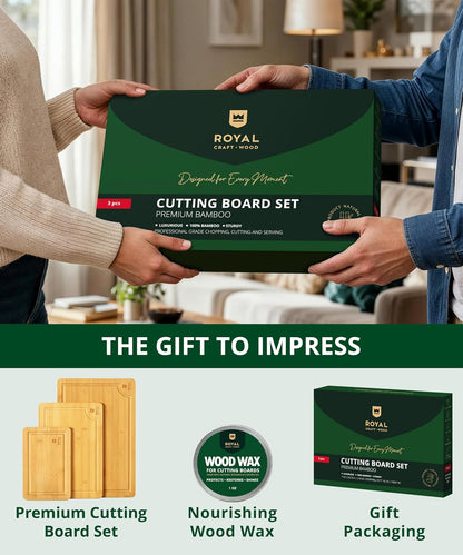Wooden Cutting Boards for Kitchen Meal Prep & Serving - Non Toxic Bamboo Wood Cutting Board Set with Deep Juice Groove Side Handles - Charcuterie & Chopping Butcher Block for Meat