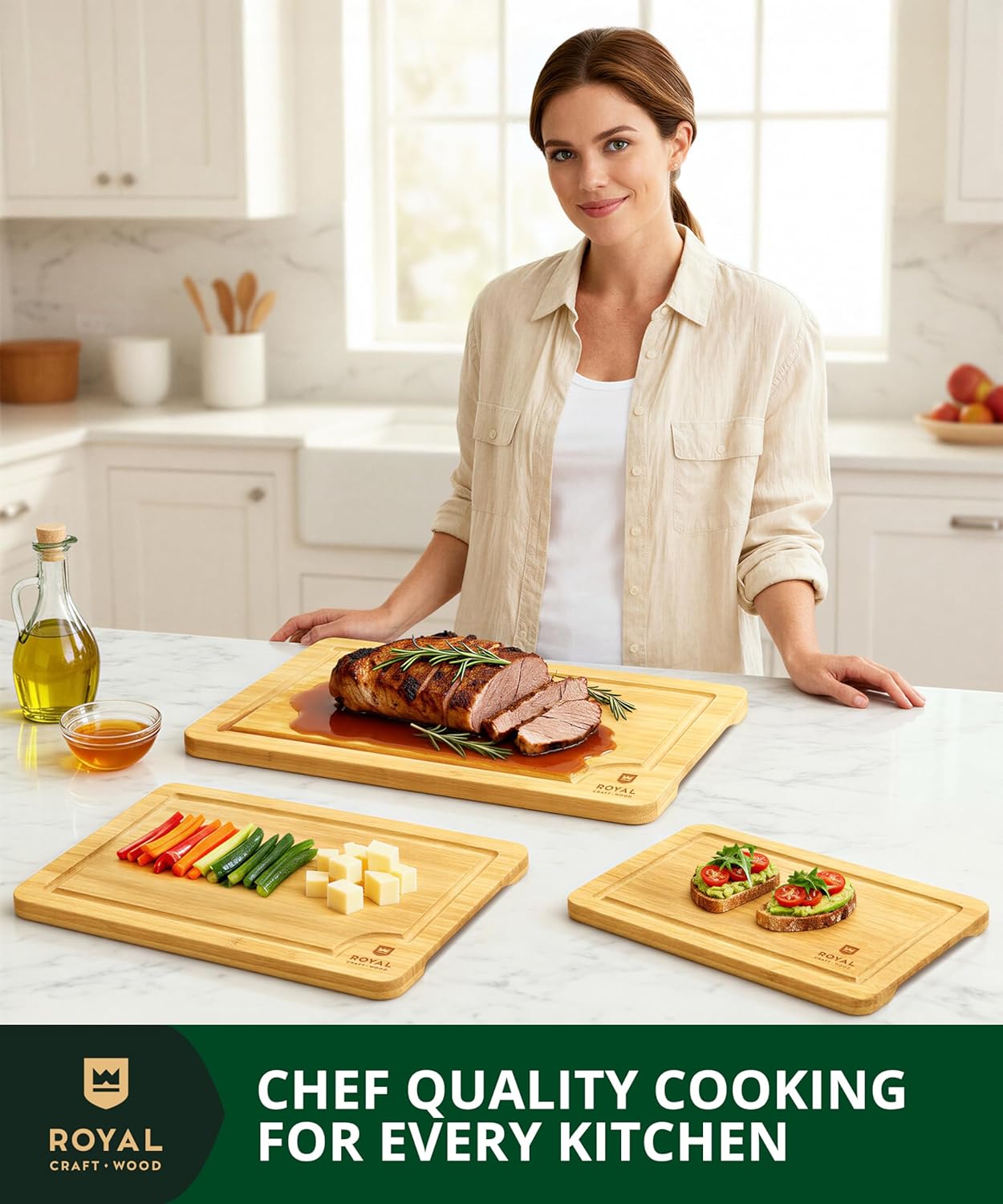 Wooden Cutting Boards for Kitchen Meal Prep & Serving - Non Toxic Bamboo Wood Cutting Board Set with Deep Juice Groove Side Handles - Charcuterie & Chopping Butcher Block for Meat
