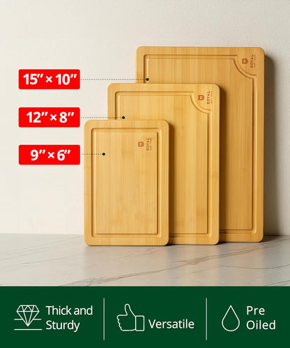 Wooden Cutting Boards for Kitchen Meal Prep & Serving - Non Toxic Bamboo Wood Cutting Board Set with Deep Juice Groove Side Handles - Charcuterie & Chopping Butcher Block for Meat